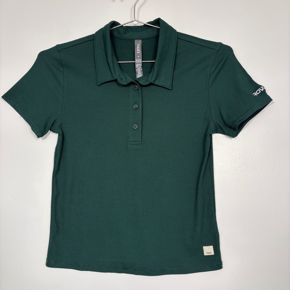 Vuori Womens Polo Shirt Size M Green Short Sleeve Ribbed Prowood Logo Top Prep